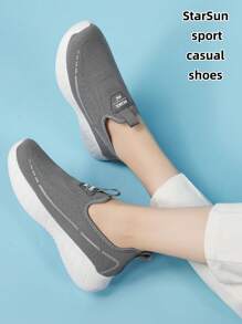 Women's Knit Mesh Breathable Round Toe Flat Multifunction Fashion Casual Sports Shoes, Rubber Sole Non-Slip Wear-Resistant Lightweight Running Shoes, Color Block, Spring/Autumn New Korean Style Flat Comfy Casual Sneakers - Grey - View 1