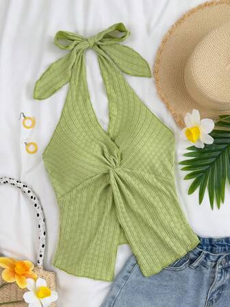 女士细肩带露背短款背心，时尚性感系带吊带背心，适合春夏季