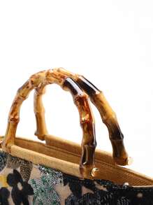 时尚彩色亮片对比网眼刺绣提花优雅女士竹制手柄手提包亚麻手提包，派对/节日风格晚装包