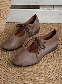 Women's Lace-Up Mary Jane Shoes, Unique Design Casual Retro Low Vamp Platform Shoes - Brown - View 4