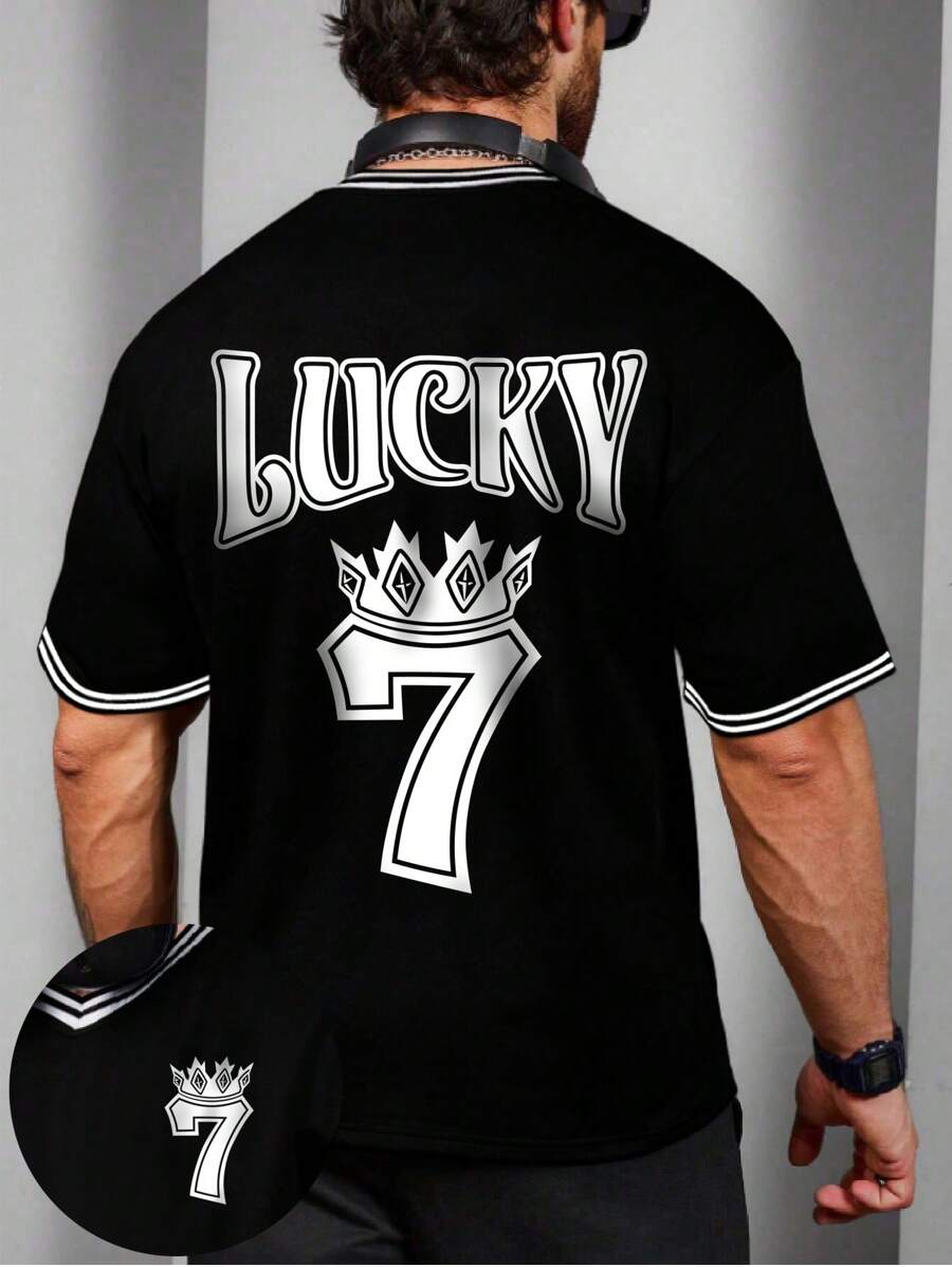Men's Lucky Number 7 Pattern Casual Daily Wear Contrast Rib Trim V-Neck Loose Short Sleeve T-Shirt - Black - View 1