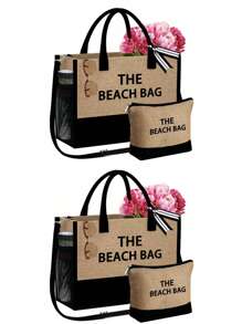一套帆布手提袋，印有沙滩字母图案，简约亚麻手提包，可重复使用，兼具购物袋和化妆袋功能，适合度假、旅行（卡其色），夏季必备，也适合度假、假日、日常使用、生日、节日、返校、海滩、旅行、通勤、商务、学生、野餐、露营、超市购物、日常收纳等场合。 - 卡其色 - 查看 15