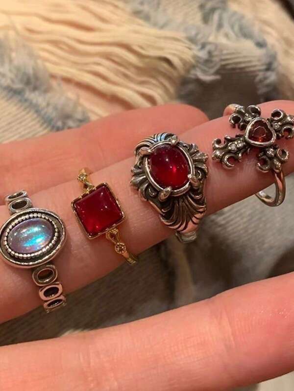 Vintage Gothic Red Crystal Cross Geometry Open Rings For Women Y2k Punk Creative Grunge Jewelry Accessories Gift