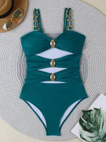 Polovedo Official Women's Hollow Out Metal Decor One-Piece Swimsuit