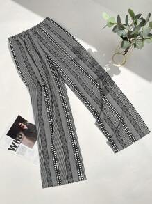 Pantalones casuales y elegantes de pierna recta y suelta con estampado texturizado bohemio para vacaciones - Blanco y Negro - Ver 4