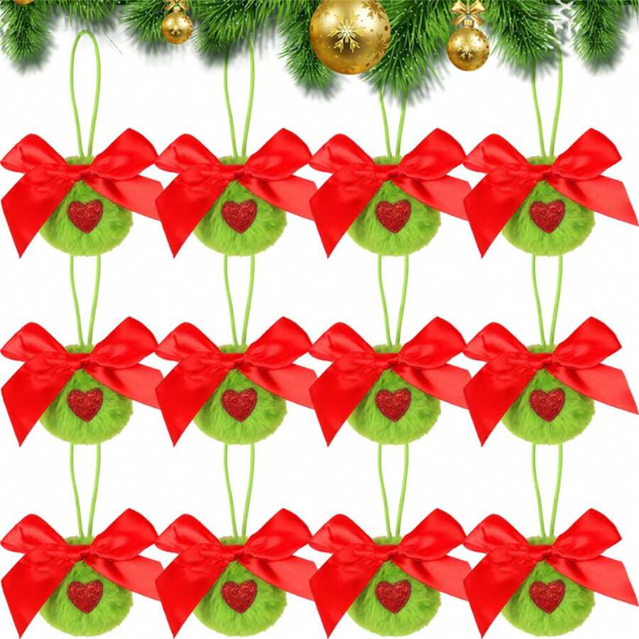 Christmas Green Plush Ball Ornaments, Christmas Tree Ornaments Set With Hanging Loop, Christmas Hanging Decor - Green - View 1