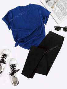 Plus Size Women's Fashion Peplum Set Alphabet Lips Printed Short Sleeve Pants Bottoms Set