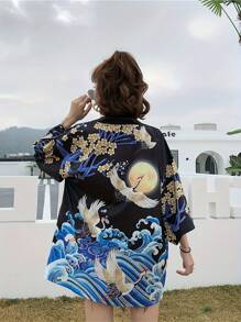 鹤印花街头海滩旅行度假休闲薄披肩和服罩衫，宽松日式 3/4 袖浴衣外套，轻盈夏季防晒时尚罩衫，圣诞服装 - 黑色 - 查看 5