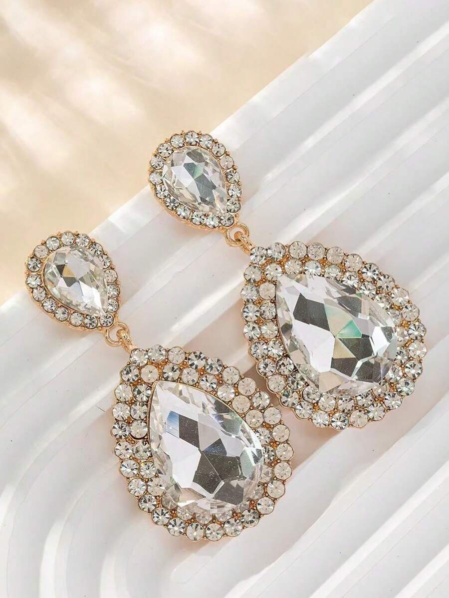 2 件时尚夸张水滴满水钻耳环，优雅复古金属几何耳环，适合婚礼派对