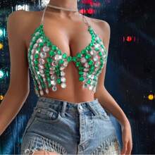 Women Nightclub Backless Rhinestone Spaghetti Strap Necklace Chain Bodychains - Green - View 4