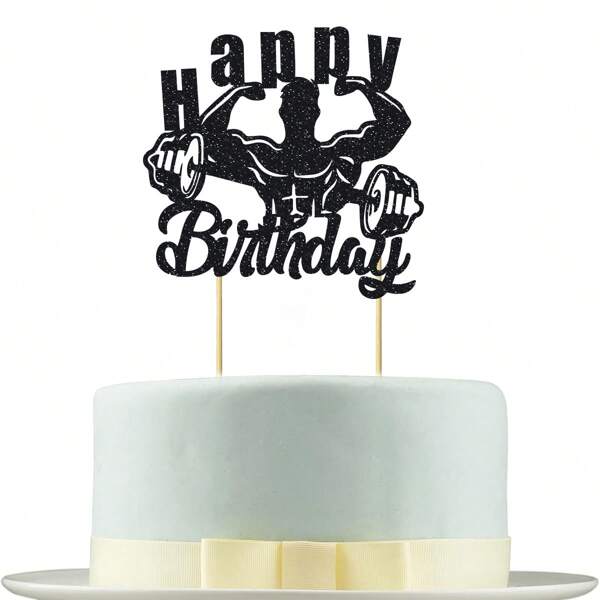 1 pezzo Decorazione per torta di compleanno a tema bodybuilding - Buon compleanno in glitter nero, decorazioni per torta di compleanno - Forniture per feste a tema compleanno / bilanciere / sport - Il miglior regalo per l'uomo