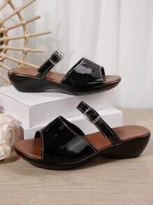 Women Simple Peep Toe Wedge Sandals, Fashionable Versatile Black Casual Slide Sandals For Summer Daily Wear
