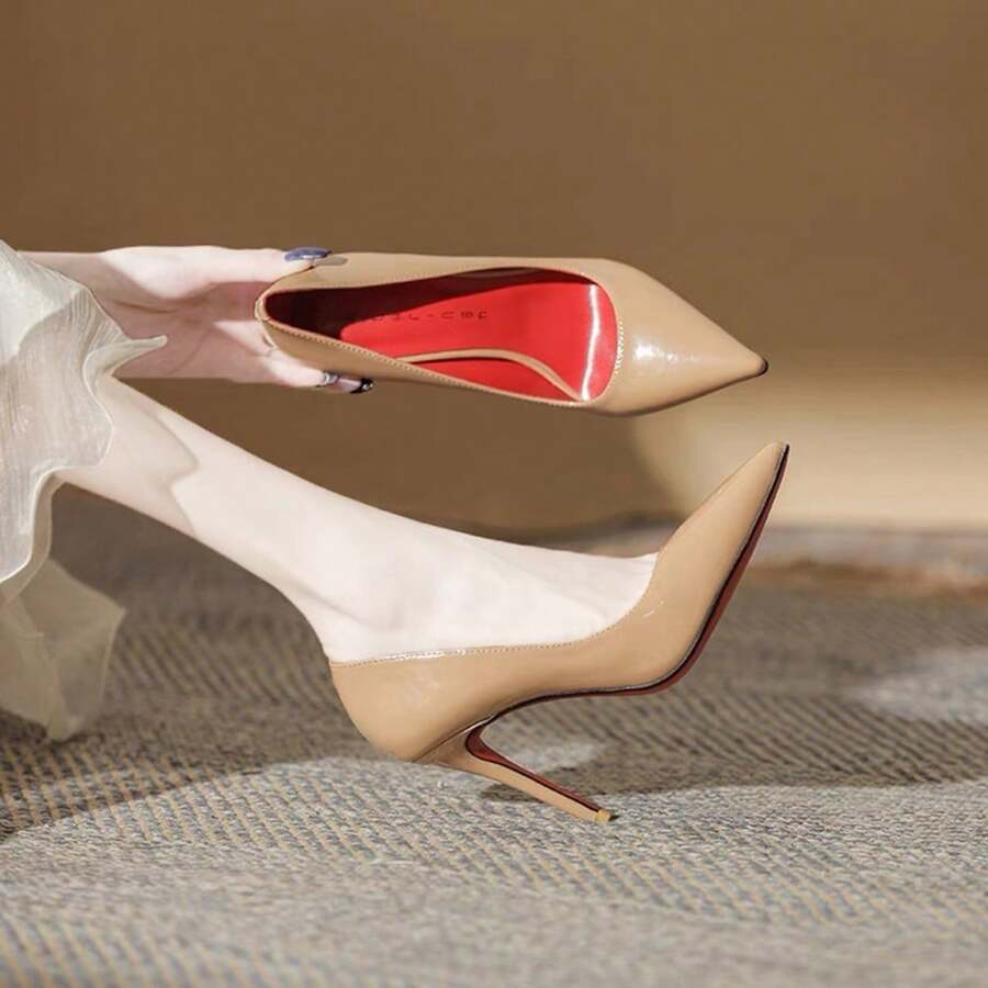 Women's Wedding Dress Shoes With 4-Inch High Heels, Pointed Toe, Non-Slip Stilettos, Elegant Slip-On Pumps For Wedding And Special Occasions - 杏色紅底[9CM] - 查看 1