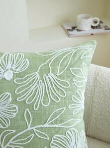 1pc Green Flower & Leaf Embroidered Decorative Pillow Cover, Suitable For Indoor Decor, 4-Season, Without Insert - Green - View 7