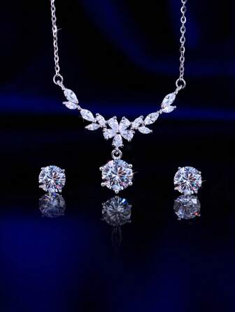 1 Set de joyas de plata de ley 925 auténtica con cúbicos de zirconia brillantes incrustados en forma de flor y hoja, incluyendo collar colgante y pendientes, regalos para bodas, compromisos, fiestas nupciales y festivales para mujeres