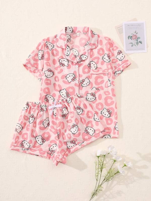 Sanrio Sanrio Authorized 2Pcs/Set Women's Hello Kitty Printed V-Neck Button Short Sleeve Single-Breasted Top And Bow Pants Pajama Set,Summer Pajama Set, Comfortable For Home Use