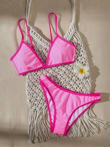 Damen Einfarbig Schwarz & Weiß Splice Sexy Casual Resort Bikini Bademode Urlaub Strand - Pink - Übersicht 3