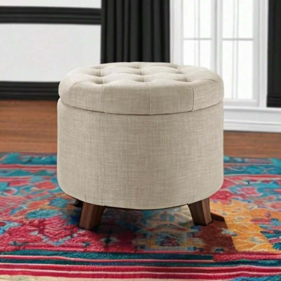 Otaman Circular De Lino Suave With Almacenamiento, Taburete De Terciopelo, Robusto, Amplio Space De Almacenamiento, Facil De Limpiar Y Cómodo, Ideal For Sala De Estar, Dormitorio, Jardín Y ‏: 50.8 X 50.8 X 43.18cm