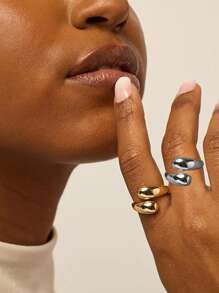 时尚镀金厚扭纹纹理可叠戴戒指，大胆十字交叉个性戒指，适合女性，日常佩戴 - 彩色 - 查看 2