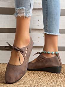 Women's Lace-Up Mary Jane Shoes, Unique Design Casual Retro Low Vamp Platform Shoes - Brown - View 6