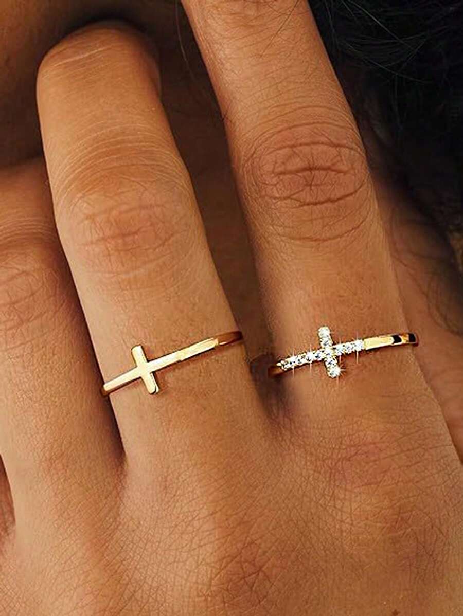 2 件经典简约镂空十字水钻戒指，女士时尚珠宝配饰，适合日常佩戴和节日 - 金色 - 查看 1