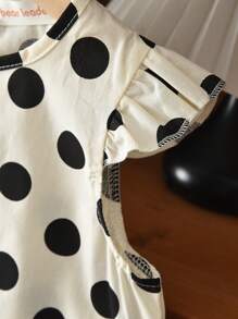 Young Girl 2pcs/Set Polka Dot Flutter Sleeve Round Neck Top + Wide Leg Long Pants Summer Outfits