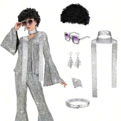 Set de 6 piezas de accesorios de ropa de discoteca de los años 70 para mujer - Incluye cabello sintético rizado negro de discoteca de los 70, gafas de moda con diamantes, bufanda con brillo, diadema con brillo, aretes con flecos y anillos - Perfecto para fiestas retro, carnavales, Pascua y eventos temáticos, accesorios de ropa de discoteca para Halloween