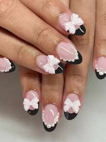 24pcs Short Oval Glossy Black French Tip Press-On Nails White Bow With Pearl Design Perfect Fit Design Acrylic False Nails Set Contains 1 Jelly Glue And 1 Nail File Suitable For Women And Girls Daily Work Study And Party Use