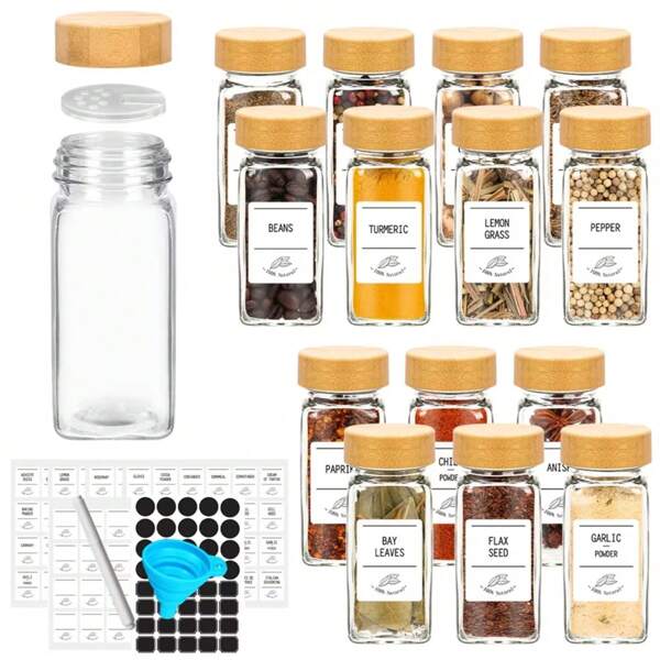 12 Stücke 120ml quadratische Gewürzgläser, Pulverflaschen, Bambus/Holz/Glas Gewürzdosen Set, Glasgewürzgläser mit Bambusverschluss, Gewürzcontainer, Salz- und Pfefferstreuer, Gewürzregal-Organizer, Küchen-Gewürzglasset mit Bambusverschluss, 120ml Glasgläser, Gewürzglasset mit Aufbewahrung, Etikettenaufkleber, einklappbarer Trichter