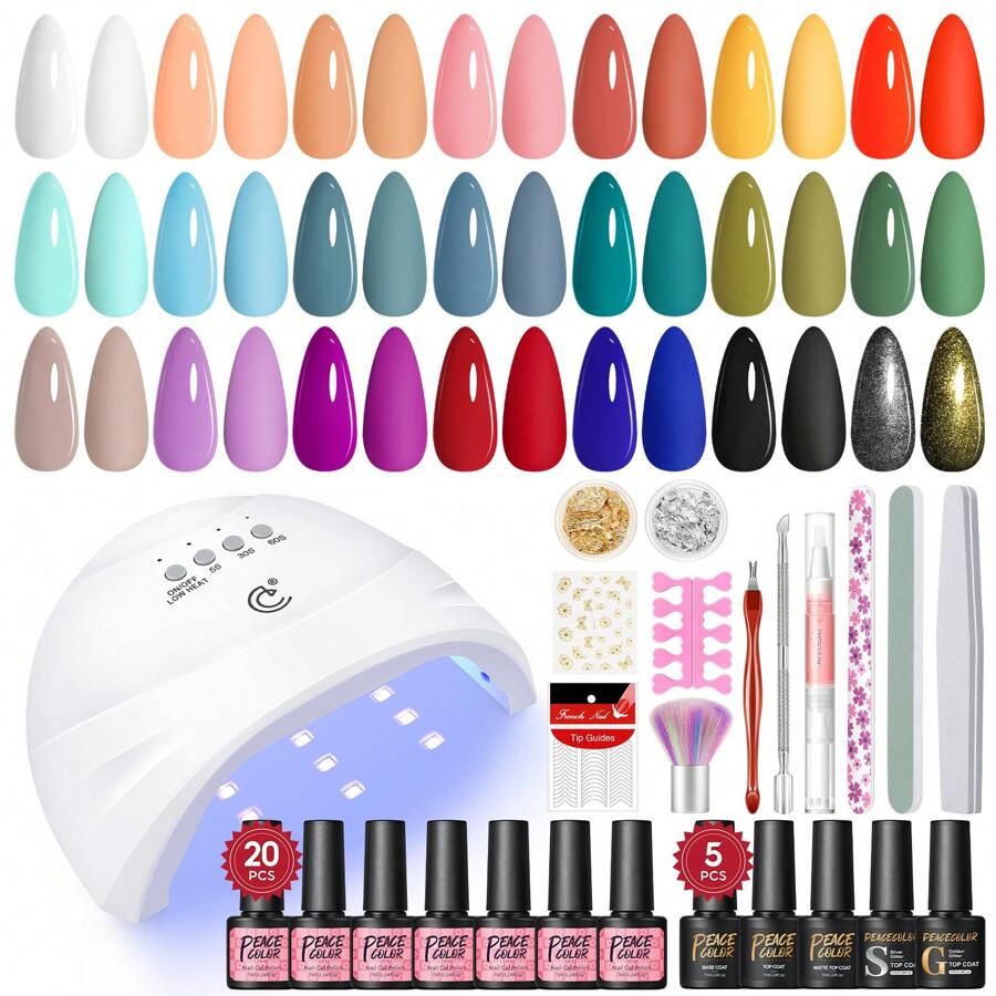 PEACECOLOR 38PCS Gel Nail Polish Kit With UV LED Nail Lamp Red Grey Black UV Nail Gel Kit Silver Golden Glitter Top Coat Manicure Kit Nail Art Design Gift For Women - 查看 1