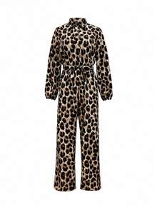 女士休闲豹纹长袖连体裤，配腰带，优雅夏季春假穿搭 - 彩色 - 查看 2