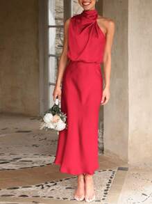 Women's Summer Satin Dress Elegant Sleeveless Fake Neckline Cocktail Gown - màu đỏ tươi - Xem 3