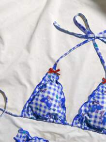 2pcs Lemon Yellow Plaid Print With Red Bow Swimwear Set, Removable Swimwear Pads, Beach Vacation Outfits, Swimsuit, Summer Dresses For Women, Summer Clothes Women, Festival, Ibiza Outfits, Swimwear Women, Bikini Set, Swimming Costume Women, Beach Wear Women, Holiday Coord, Beach Dress, Bikinis For Women Sets - Blue Purple - View 8