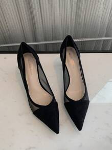 Xin Jing Shoes Fall/Winter Mesh Insert Point Toe Stiletto Heeled Court Pumps, Black Elegant Solid Color High Heel Shoes For Women, Elegant, Kitten Heels