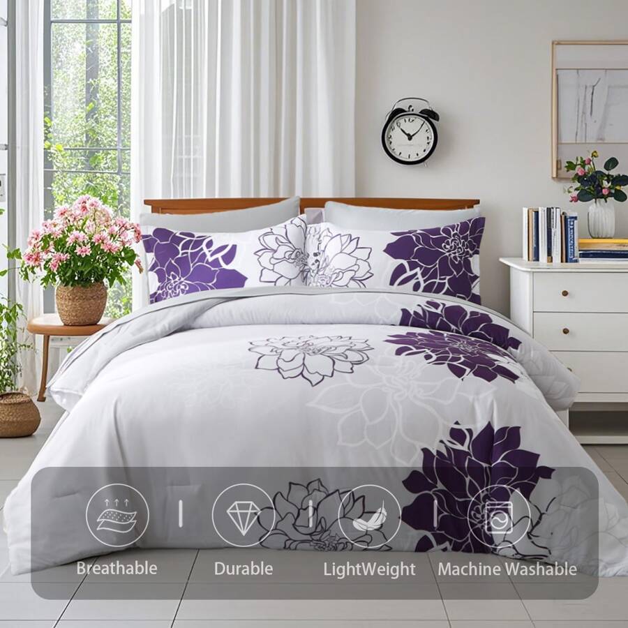 7 Piece Bed In A Bag Bed Comforter Set Queen, Fashion Flower Print  Comforter And Flat Sheet, 2 Pillowshams , Fitted Sheet , Pillowcase Set, Soft Microfiber, Comfortable And Warm Bedding Set, Bedroom Decor For All Seasons, Ideal Gift