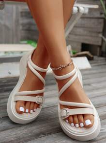 Thick Sole Platform Wedge Sandals For Women, New Summer Beige Beach Sandals, Versatile Roman Slippers