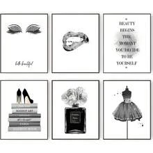 6pc Unframed Fashion Wall Art Prints Silver Grey Room Decor Glitter Black Dress Wall Decor Art Posters Books  Perfume Bottle Bite Lips Eye Shadow MakeupGirls Room Pictures For Bedroom - Mixed Black - View 1