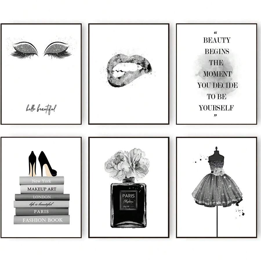 6pc Unframed Fashion Wall Art Prints Silver Grey Room Decor Glitter Black Dress Wall Decor Art Posters Books  Perfume Bottle Bite Lips Eye Shadow MakeupGirls Room Pictures For Bedroom - Mixed Black - View 1