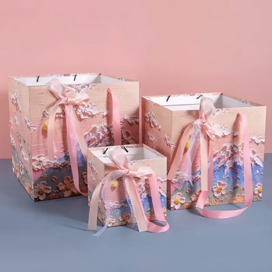 1 Stück Öl-Gemälde Blumen Muster Geschenktüte, rosa Tragetasche / hochwertige Aufbewahrungstasche / Schleifen-Dekor Geschenkverpackung, geeignet für Geburtstag, Hochzeit, Jahrestag, Muttertag und andere Feste