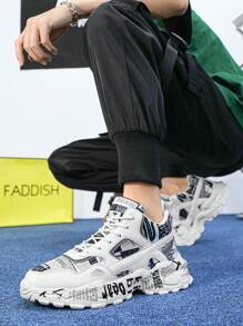 男士撞色随机印花舒适高帮厚底减震百搭休闲运动鞋字母报纸风户外街头时尚复古防滑跑步运动鞋