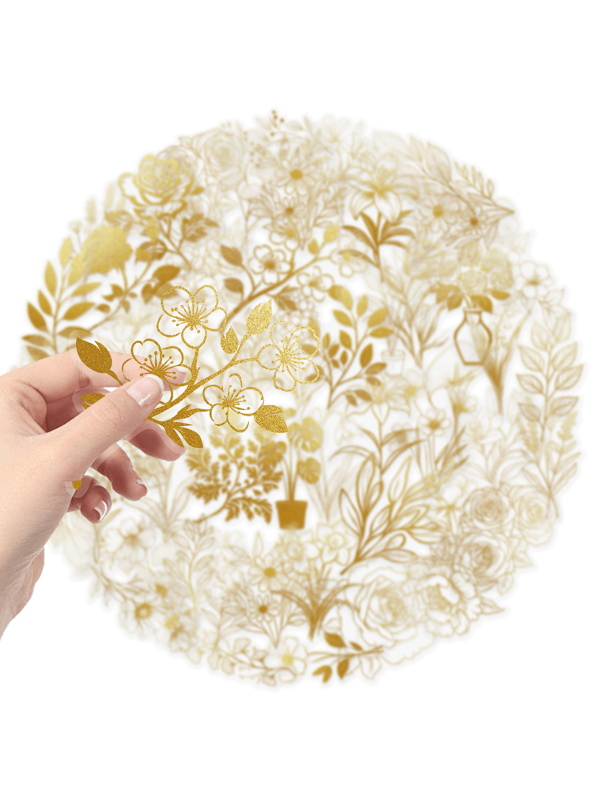 Pacotes com 46 adesivos de plantas douradas com desenhos animados, adesivos de grafite florais desenhados à mão em PET transparentes e à prova d'água, cadernos decorativos, malas, computadores, capas de celular, garrafas de água, agendas, skates