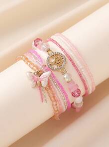 5pcs Pink Elegant Versatile Fashion Graceful Luxury Handmade Beaded Crystal Life Tree Butterfly Anklets Set, Suitable For Women Gift, Party, Casual, Travel, Bar, Holiday, Daily Wear