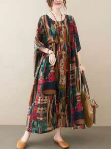 Damskie sukienki plus-size, topy, sukienki na co dzień, letnia sukienka z okrągłym dekoltem i luźnym nadrukiem na 2025 rok, swobodna, świąteczna, boho, plażowa sukienka, swobodny nadruk