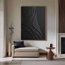 Arte de lienzo abstracto 2D con líneas negras sin marco y detalles texturizados - Decoración de pared minimalista y texturizada para dormitorio, sala de estar o pasillo - Multicolor - Ver 6