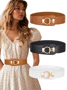 1 pieza Mujeres Cinturón con hebilla con letra O'T, borde ancho, elástico, PU, conjunto de vestido de moda, decoración elástica para la cintura, para mostrar el Body perfecto