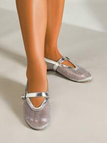 女士银色网布闪光编织透气平底凉鞋，法式玛丽珍软底鞋，适合夏季海滩和户外穿着