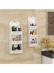 [1pc Wall-Mounted Shelf] 3 Layer PVC Wall-Mounted Bathroom Shelf Punch-Free Bathroom Wall Hanging Storage Racks Bedroom Living Room Bathroom Finishing Storage Shelves White Elegant Dual-Tier No-Drill Wall-Mounted Bathroom Shelf | Storage Organizer For Shower Gel & Cosmetics With Hooks, Bathroom Organizers And Storage - Multicolor - View 13