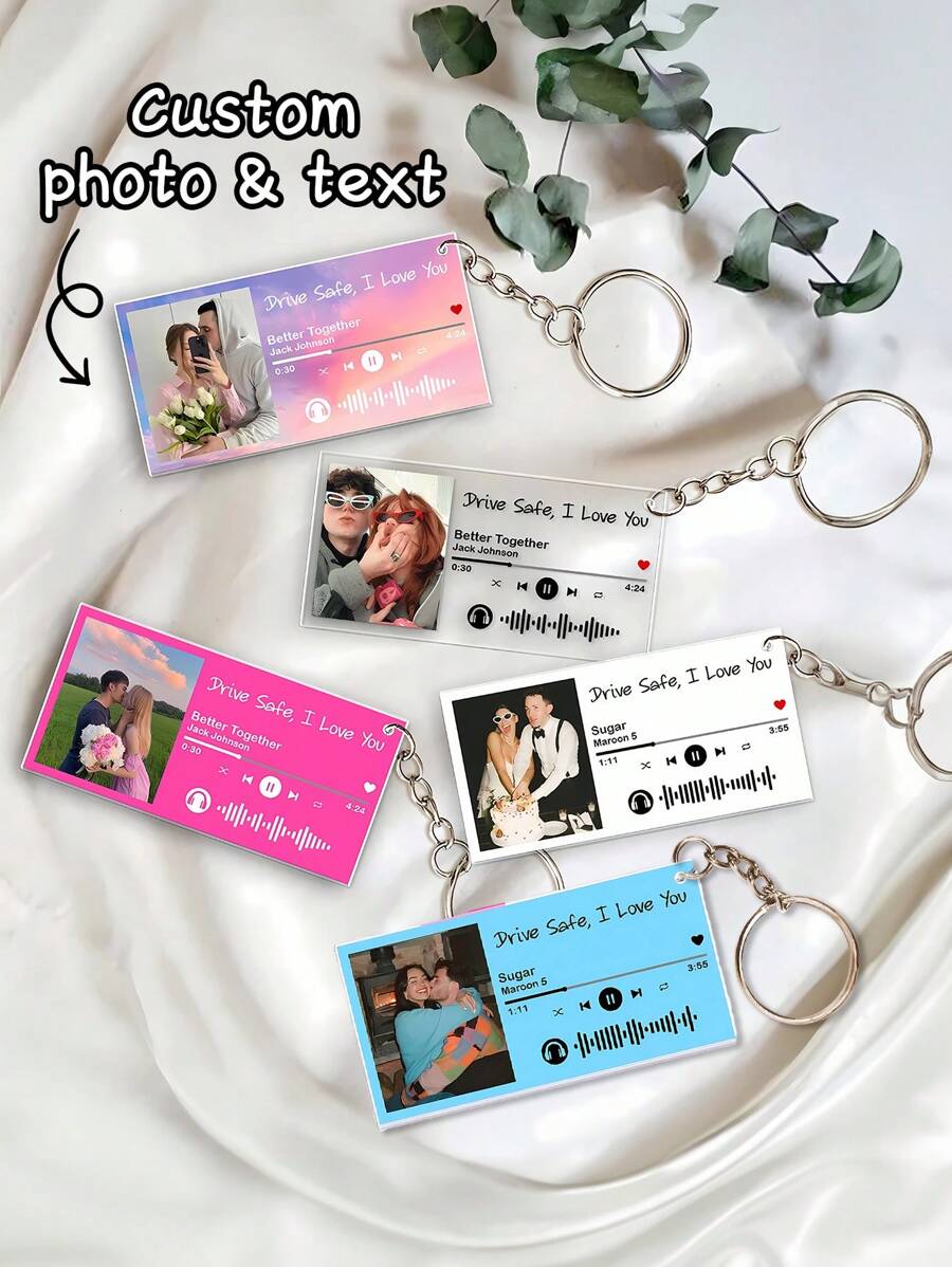 1pc Customized Photo & Music Song Keychain, Personalized Spotify Song Engraved Music Code Keychain, 6 Color Options, Customized Couple Photo Acrylic Keychain Pendant - Multicolor - View 1