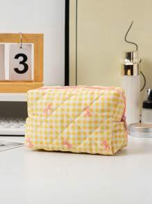 1 Stück neue karierte Schleifen Großraum-Clutch Aufbewahrungstasche, Münztasche tragbar, frisch und einfach, japanischer und koreanischer Studenten Beliebte Aufbewahrungstasche für Ausweise, Kosmetika, Datenkabel. Süßer, mädchenhafter Kosmetiktasche