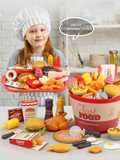 40pcs Realistic Fake Food Burger, Fries, Pizza Playset, Western Cuisine Kitchen Cooking Toy For Kids, Great For Hand-Eye Coordination, Parent-Child Interaction, Birthday Gift